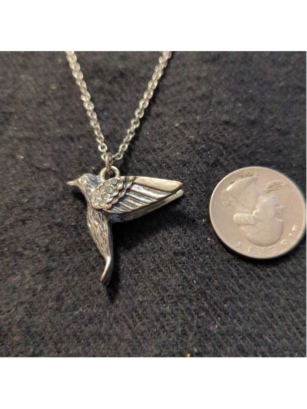 Silver Tone Clear Rhinestone Hummingbird Pendant Statement Necklace - Picture 4 of 5